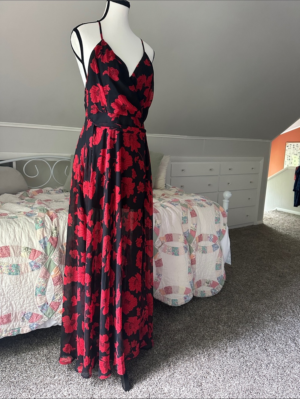 Lulu's Black Maxi Dress with Red Floral Print and Spaghetti Straps